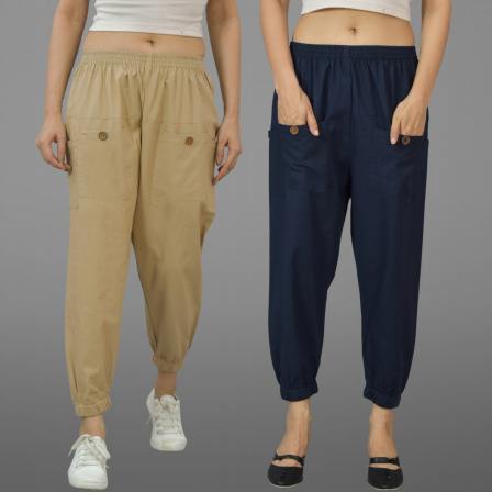Combo of 2 Beige and Navy Blue Pure Cotton Four Pocket Cargo Pants-45492