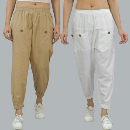 Combo of 2 Beige and White Pure Cotton Four Pocket Cargo Pants-45381