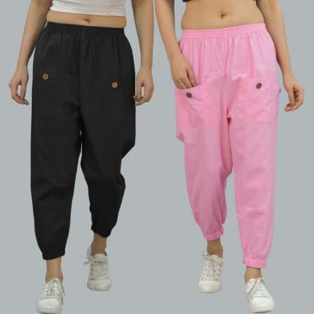 Combo of 2 Black and Baby Pink Pure Cotton Four Pocket Cargo Pants-45372