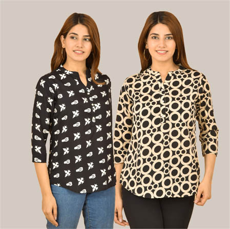 Combo of 2 Black and Beige Crepe Women Printed Top-38565