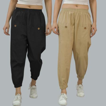 Combo of 2 Black and Beige Pure Cotton Four Pocket Cargo Pants-45371