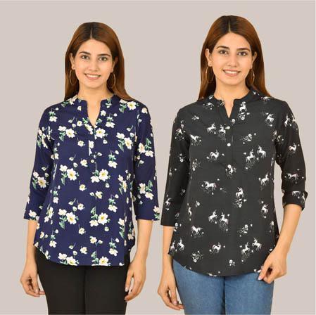 Combo of 2 Black and Blue Crepe Women Printed Top-38556