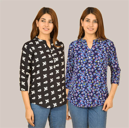 Combo of 2 Black and Blue Crepe Women Printed Top-38563