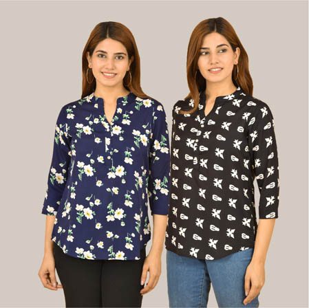 Combo of 2 Black and Blue Crepe Women Printed Top-38564