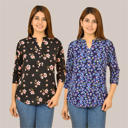 Combo of 2 Black and Blue Crepe Women Printed Top-38570