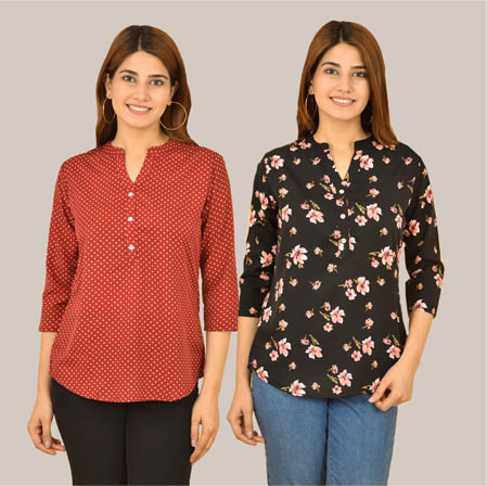 Combo of 2 Black and Maroon Crepe Women Printed Top-38573