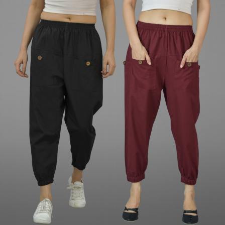 Combo of 2 Black and Maroon Pure Cotton Four Pocket Cargo Pants-45499
