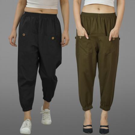 Combo of 2 Black and Mehndi Green Pure Cotton Four Pocket Cargo Pants-45498