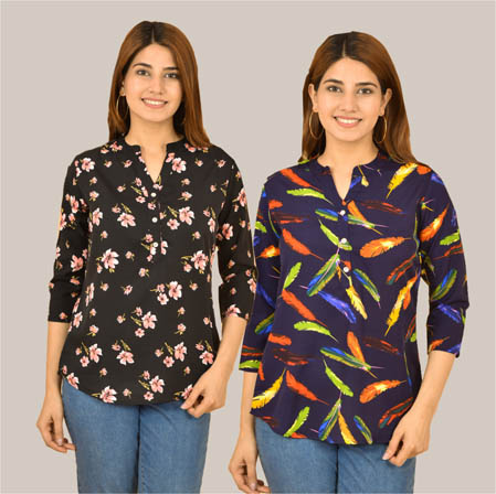 Combo of 2 Black and Navy Blue Crepe Women Printed Top-38568