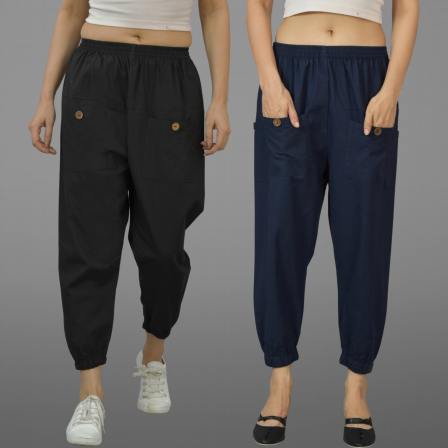 Combo of 2 Black and Navy Blue Pure Cotton Four Pocket Cargo Pants-45497