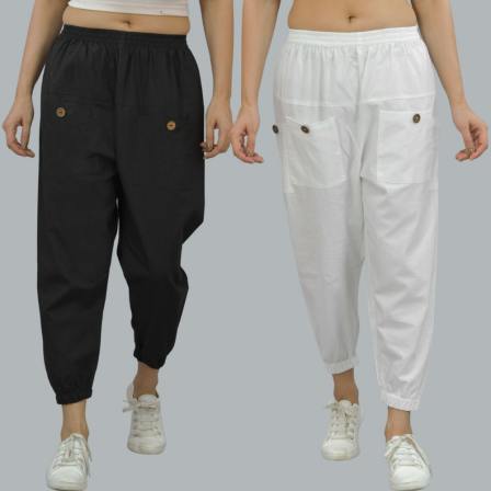 Combo of 2 Black and White Pure Cotton Four Pocket Cargo Pants-45374