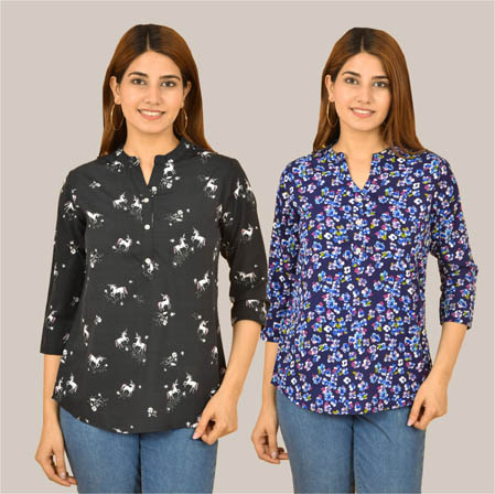 Combo of 2 Blue and Black Crepe Women Printed Top-38555