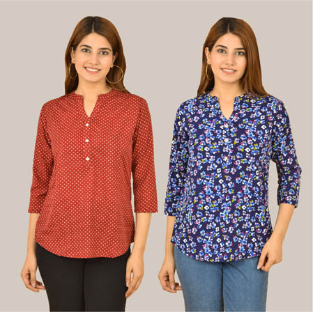 Combo of 2 Blue and Maroon Crepe Women Printed Top-38588