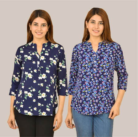 Combo of 2 Blue and Navy Blue Crepe Women Printed Top-38586
