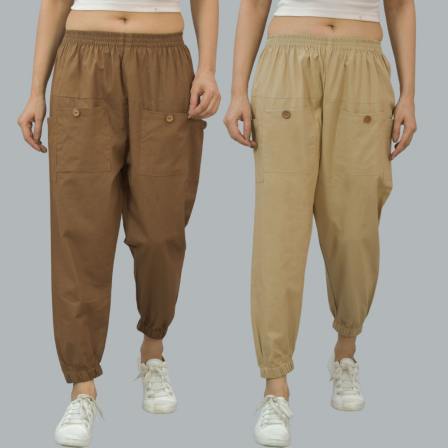 Combo of 2 Brown and Beige Pure Cotton Four Pocket Cargo Pants-45375