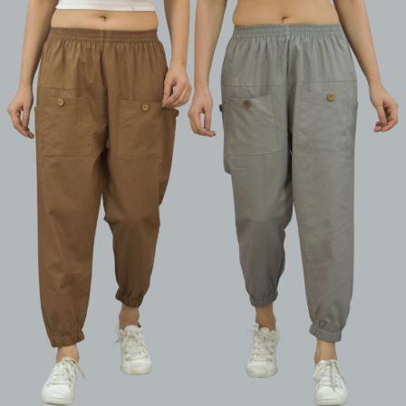 Combo of 2 Brown and Gray Pure Cotton Four Pocket Cargo Pants-45377