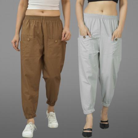 Combo of 2 Brown and Light Gray Pure Cotton Four Pocket Cargo Pants-45505