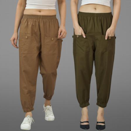 Combo of 2 Brown and Mehndi Green Pure Cotton Four Pocket Cargo Pants-45503