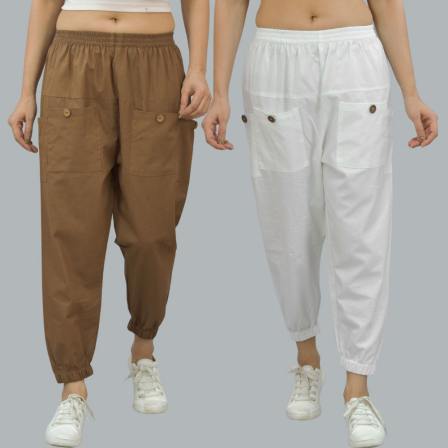 Combo of 2 Brown and White Pure Cotton Four Pocket Cargo Pants-45378