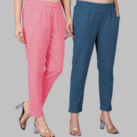 Combo of 2 Cotton Baby Pink and Denim Women Regular Fit Solid Trousers-47617