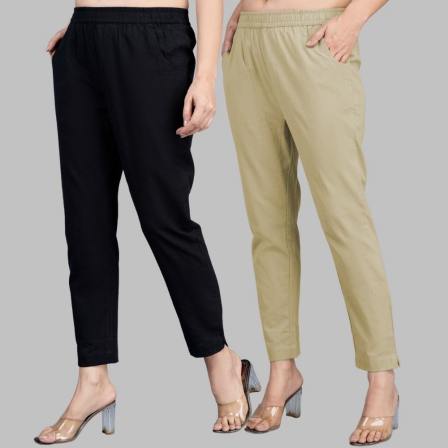 Combo of 2 Cotton Black and Beige Women Regular Fit Solid Trousers-47545