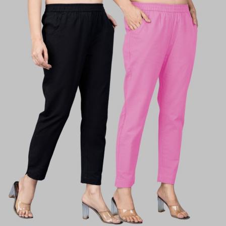 Combo of 2 Cotton Black and Light Pink Women Regular Fit Solid Trousers-47542
