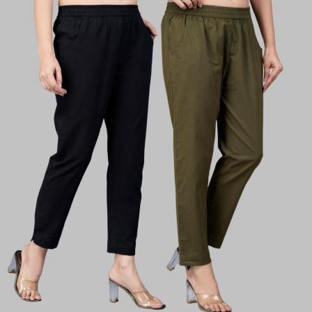 Combo of 2 Cotton Black and Mehndi Green Women Regular Fit Solid Trousers-47536