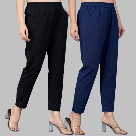 Combo of 2 Cotton Black and Navy Blue Women Regular Fit Solid Trousers-47546