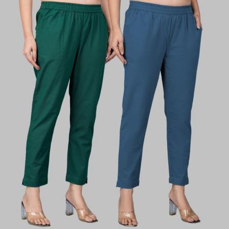 Combo of 2 Cotton Bottle Green and Denim Women Regular Fit Solid Trousers-47562