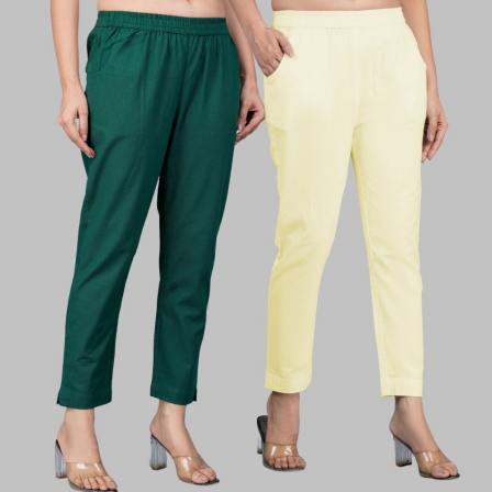 Combo of 2 Cotton Bottle Green and Lemon Yellow Women Regular Fit Solid Trousers-47554