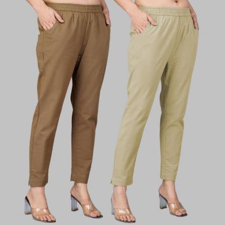 Combo of 2 Cotton Brown and Beige Women Regular Fit Solid Trousers-47479