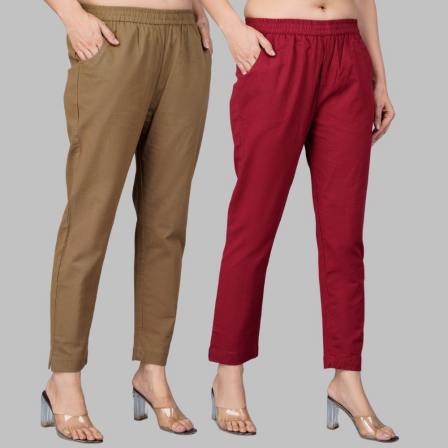 Combo of 2 Cotton Brown and Wine Women Regular Fit Solid Trousers-47469
