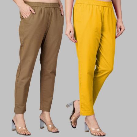 Combo of 2 Cotton Brown and Yellow Women Regular Fit Solid Trousers-47472