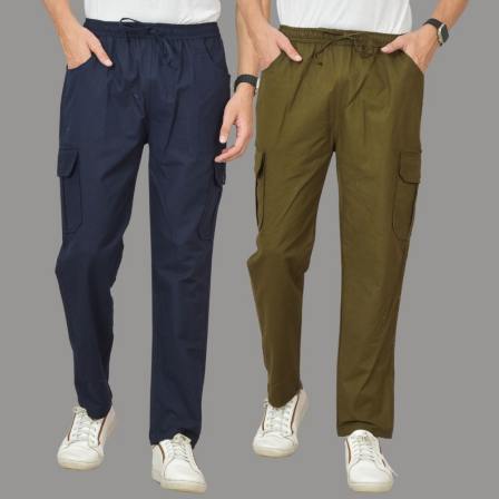 Combo of 2 Cotton Cargo Pant Army Green and Navy Blue-48358