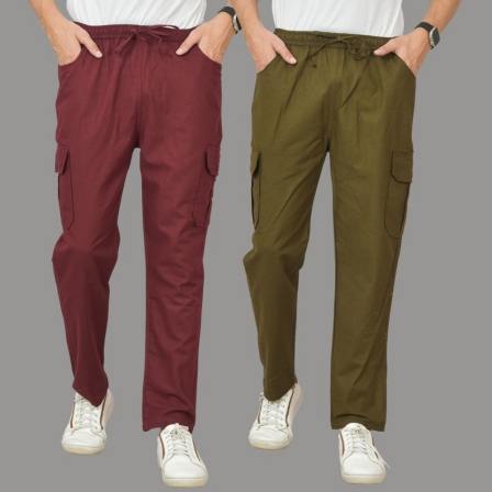 Combo of 2 Cotton Cargo Pant Army Green and Wine-48355