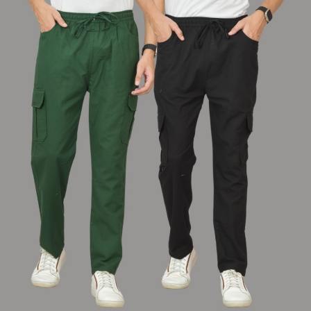 Combo of 2 Cotton Cargo Pant Black and Bottle Green-48359