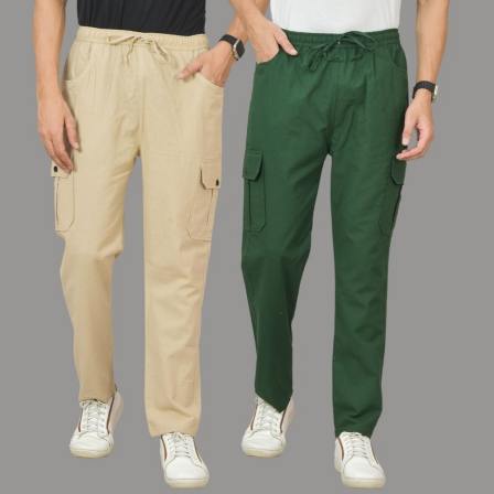 Combo of 2 Cotton Cargo Pant Bottle Green and Beige-48338