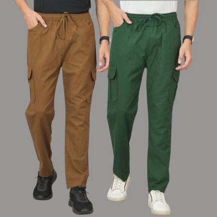 Combo of 2 Cotton Cargo Pant Bottle Green and Brown-48349