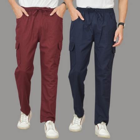 Combo of 2 Cotton Cargo Pant Navy Blue and Wine-48352