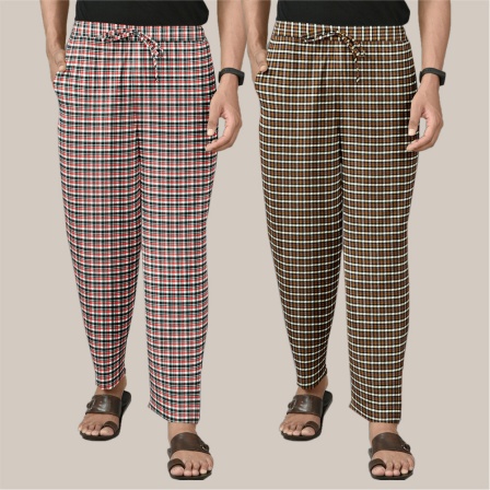 Combo of 2 Cotton Checked Men Pyjamas Pink and Brown-39797