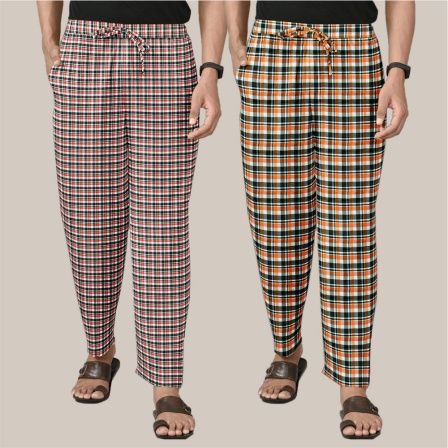 Combo of 2 Cotton Checked Men Pyjamas Pink and Orange-39792