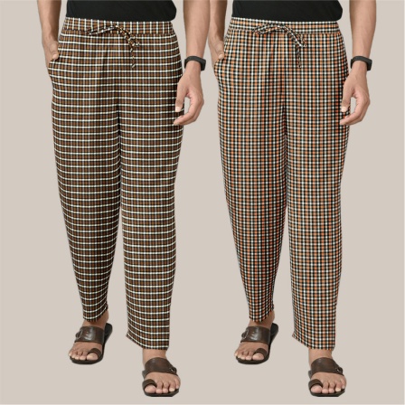 Combo of 2 Cotton Checked Men Pyjamas Yellow and Brown-39796