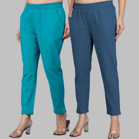 Combo of 2 Cotton Cyan and Denim Women Regular Fit Solid Trousers-47647
