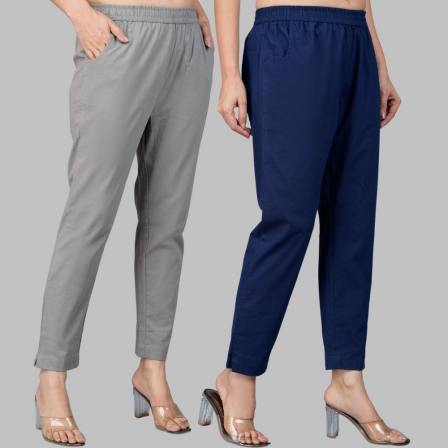 Combo of 2 Cotton Gray and Navy Blue Women Regular Fit Solid Trousers-47531