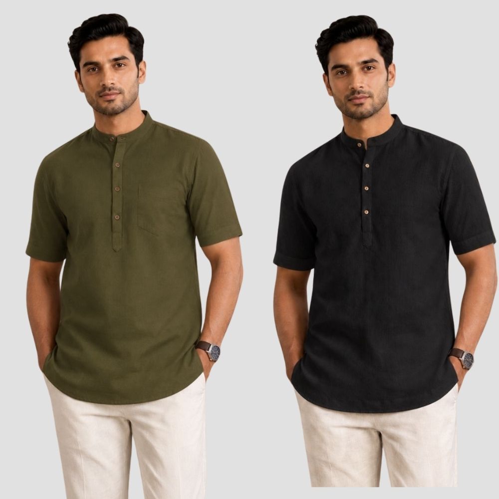 Combo of 2 Cotton Half Sleeves Kurta Army Green and Black-51297