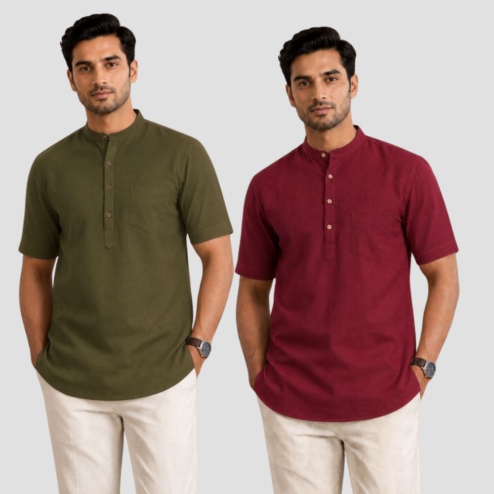 Combo of 2 Cotton Half Sleeves Kurta Army Green and Maroon-51307