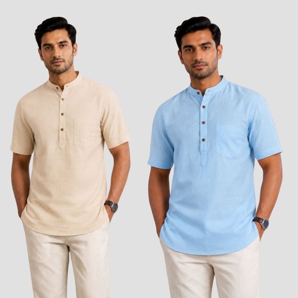 Combo of 2 Cotton Half Sleeves Kurta Beige and Sky Blue-51327