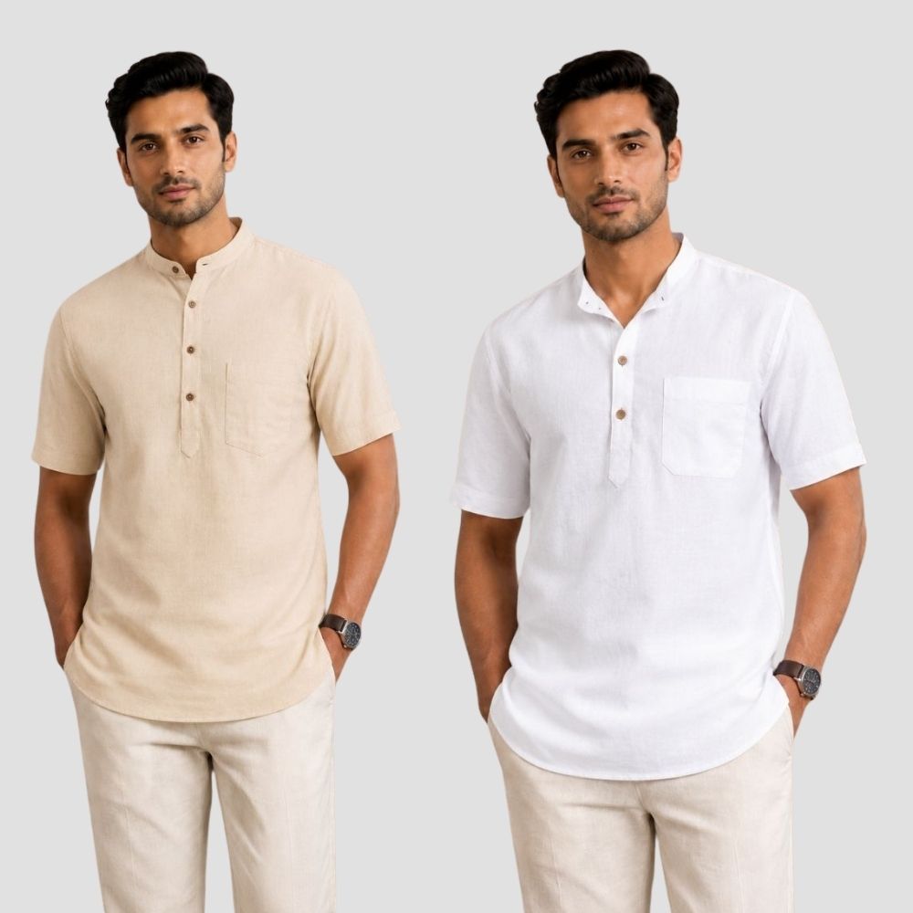 Combo of 2 Cotton Half Sleeves Kurta Beige and White-51336