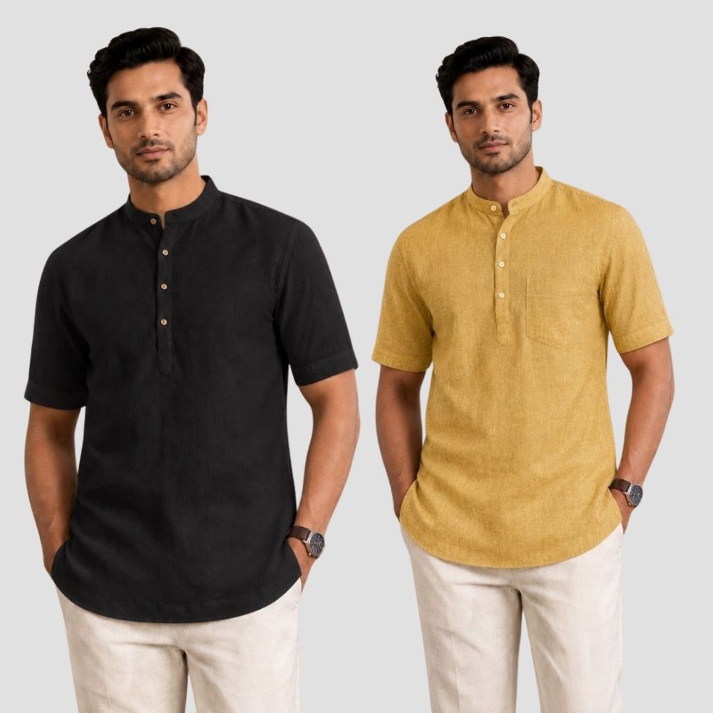 Combo of 2 Cotton Half Sleeves Kurta Black and Yellow-51376