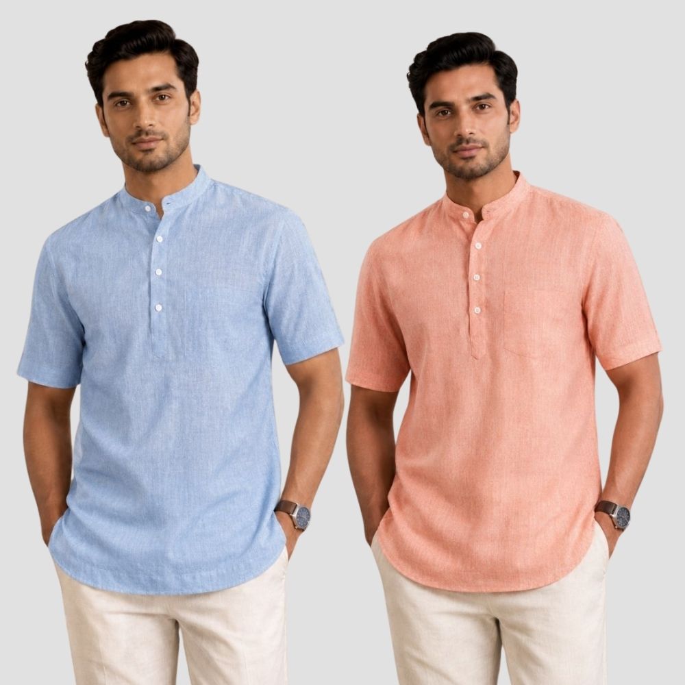 Combo of 2 Cotton Half Sleeves Kurta Denim and Peach-51350